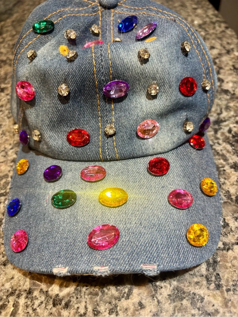 Denim distressed Cap with Multi-Colored Gem Embellishments🩷💛❤️💙NWT